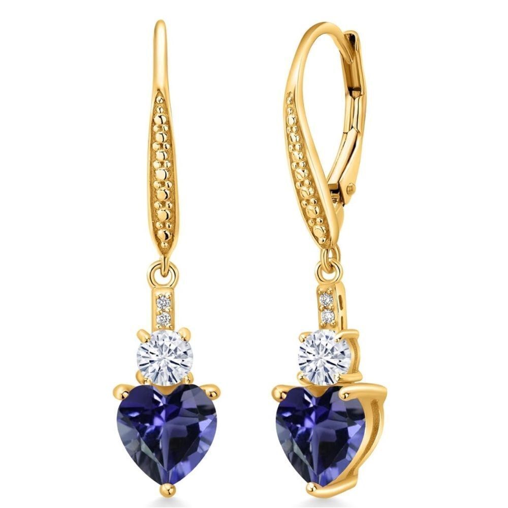 18K Yellow Gold with 2.17 Cttw Blue Iolite and Moissanite Heart Drop Earrings